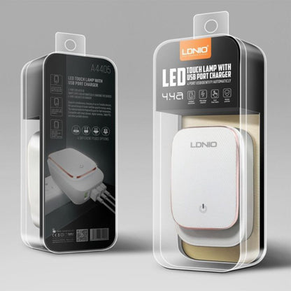 LDNIO A4405 | 4-Port USB Wall Charger with LED Touch Light, 4.4A Output, 22W, Travel-Friendly Design