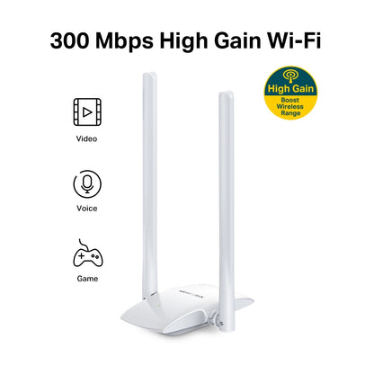 Mercusys MW300UH 300Mbps High Gain Wireless WiFi USB Adapter | High-Speed Wi-Fi Adapter with Dual 5dBi Antennas, MIMO Technology, and WPA3 Security