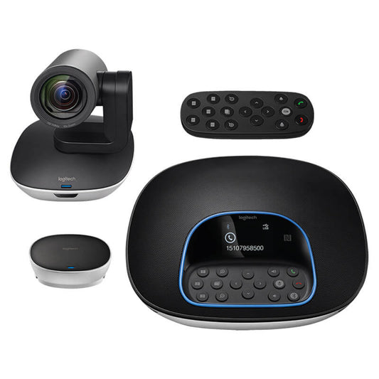 Logitech video conferencing system with camera, speakerphone, and remote control on a white background