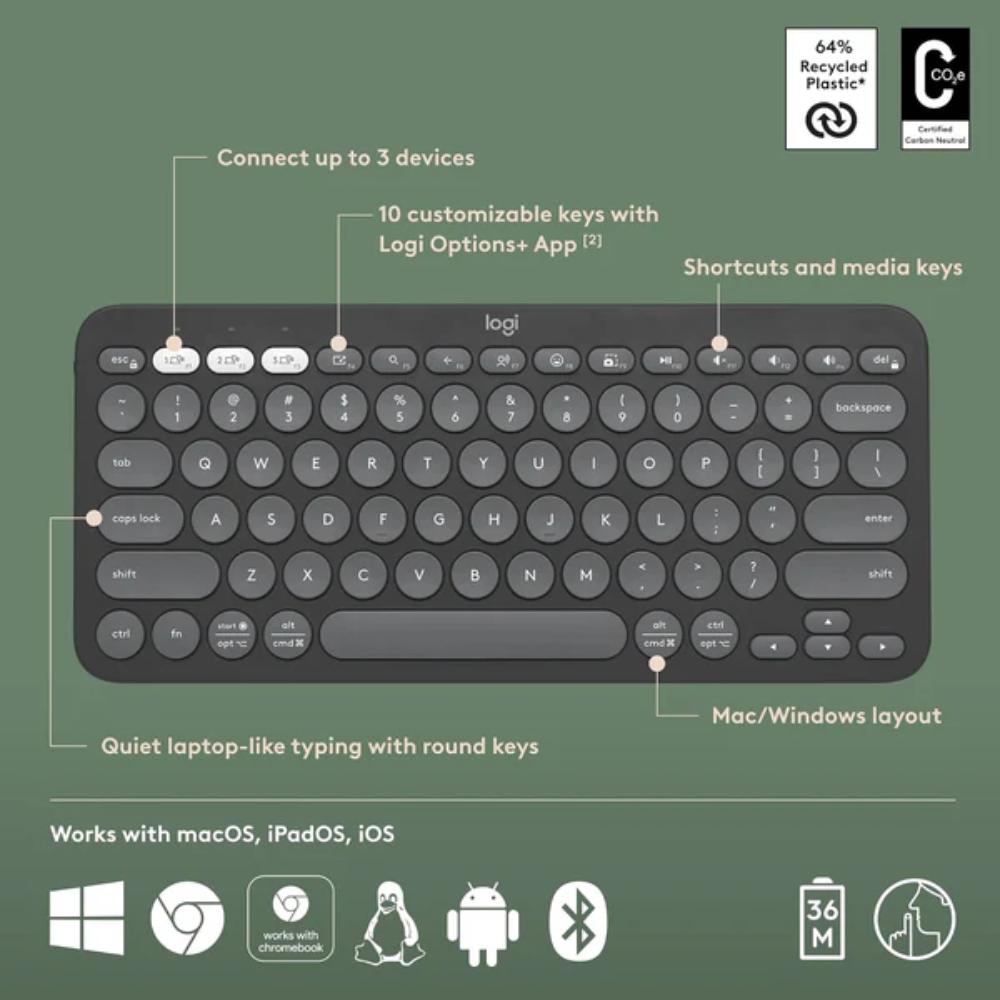 Logitech K380s Pebble Keys 2 Bluetooth Wireless Keyboard | Multi-Device Bluetooth | Easy-Switch | Quiet Typing | Up to 36-Month Battery Life