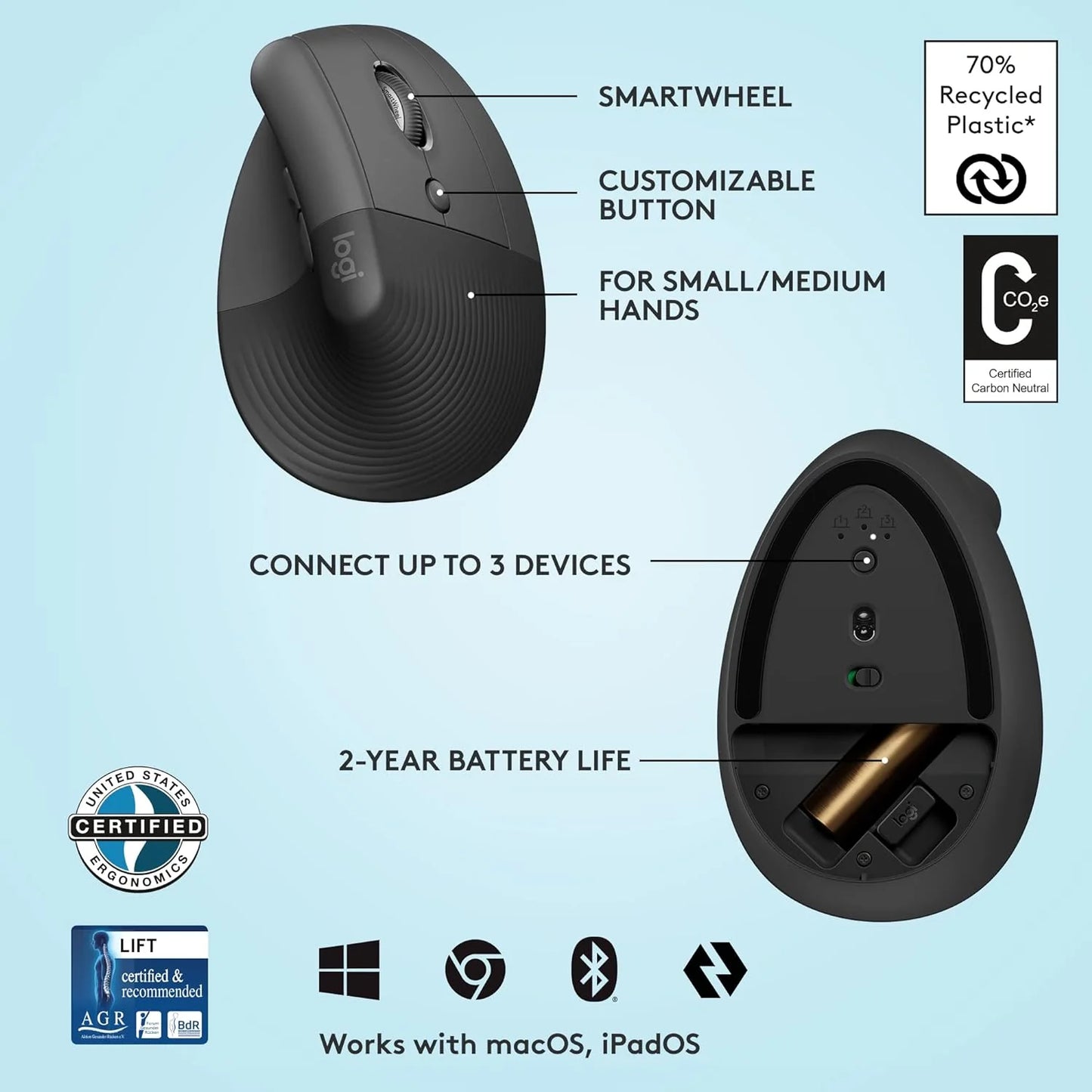 Logitech LIFT | Vertical Ergonomic Wireless Mouse