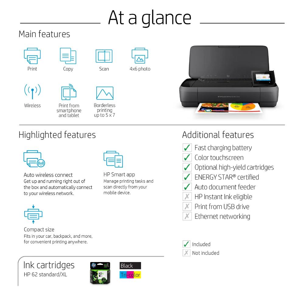 HP OfficeJet 250 Mobile All-in-One Printer | Print, Scan & Copy | Portable | Wi-Fi Direct | Bluetooth Smart | 10-Sheet ADF | 50-Sheet Input | Battery Powered