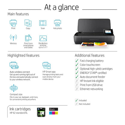 HP OfficeJet 250 Mobile All-in-One Printer | Print, Scan & Copy | Portable | Wi-Fi Direct | Bluetooth Smart | 10-Sheet ADF | 50-Sheet Input | Battery Powered