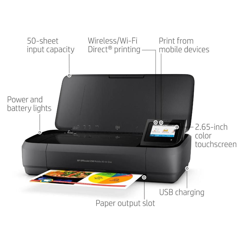 HP OfficeJet 250 Mobile All-in-One Printer | Print, Scan & Copy | Portable | Wi-Fi Direct | Bluetooth Smart | 10-Sheet ADF | 50-Sheet Input | Battery Powered