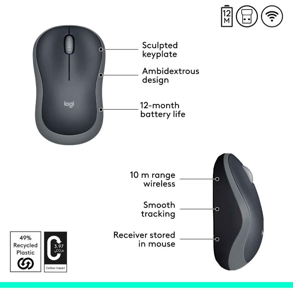 Logitech B175 Wireless Mouse | 2.4GHz Wireless | Optical Tracking | 3 Buttons | 10m Range | 12-Month Battery Life