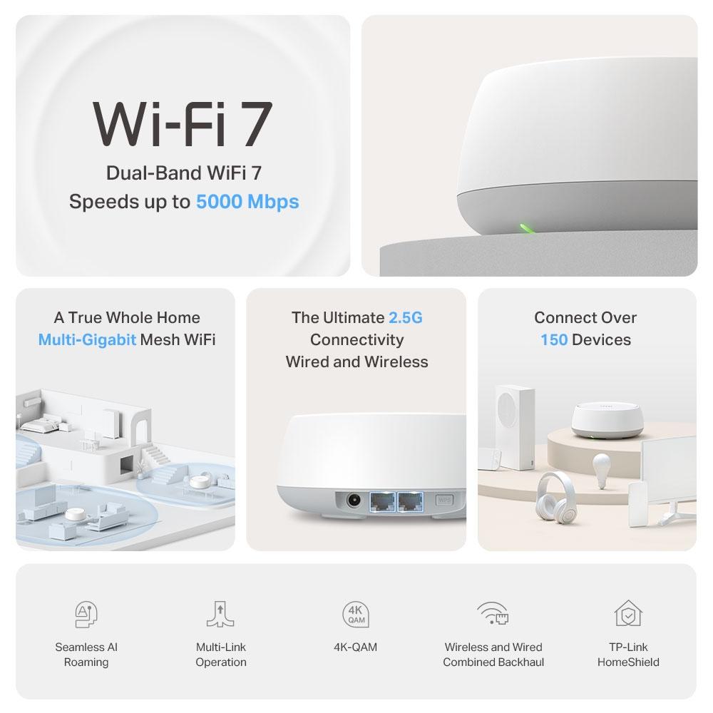 TP-Link Deco BE25 | BE5000 WiFi 7 Mesh System | Dual-Band | 2.5Gbps Ports | Whole Home Coverage (3-Pack)