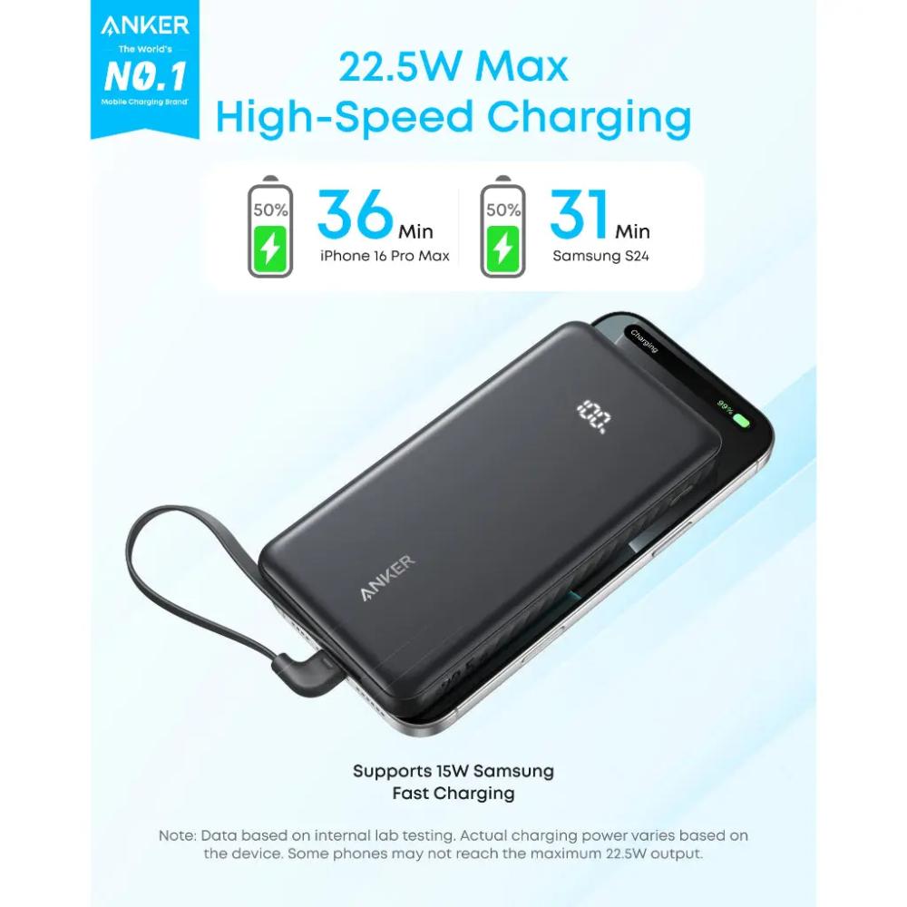 Anker Zolo Power Bank A110DP11 | 10000mAh 22.5W Fast Charging Power Bank with Built-In USB-C Cable