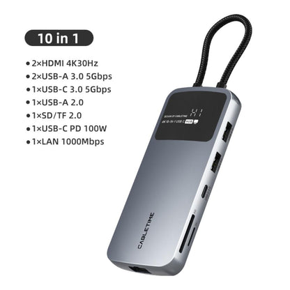 CABLETIME CB83G | 10-in-1 USB-C Dual HDMI Docking Station | 4K 30Hz HDMI, 1000Mbps LAN, 100W PD | MacBook, Dell, HP, Lenovo, Surface