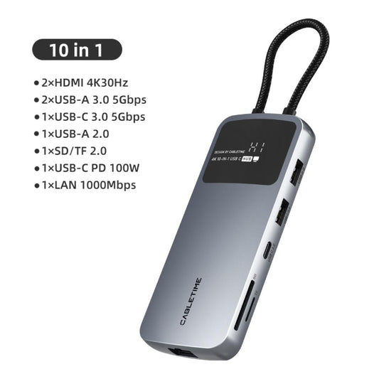 CABLETIME CB83G | 10-in-1 USB-C Dual HDMI Docking Station | 4K 30Hz HDMI, 1000Mbps LAN, 100W PD | MacBook, Dell, HP, Lenovo, Surface