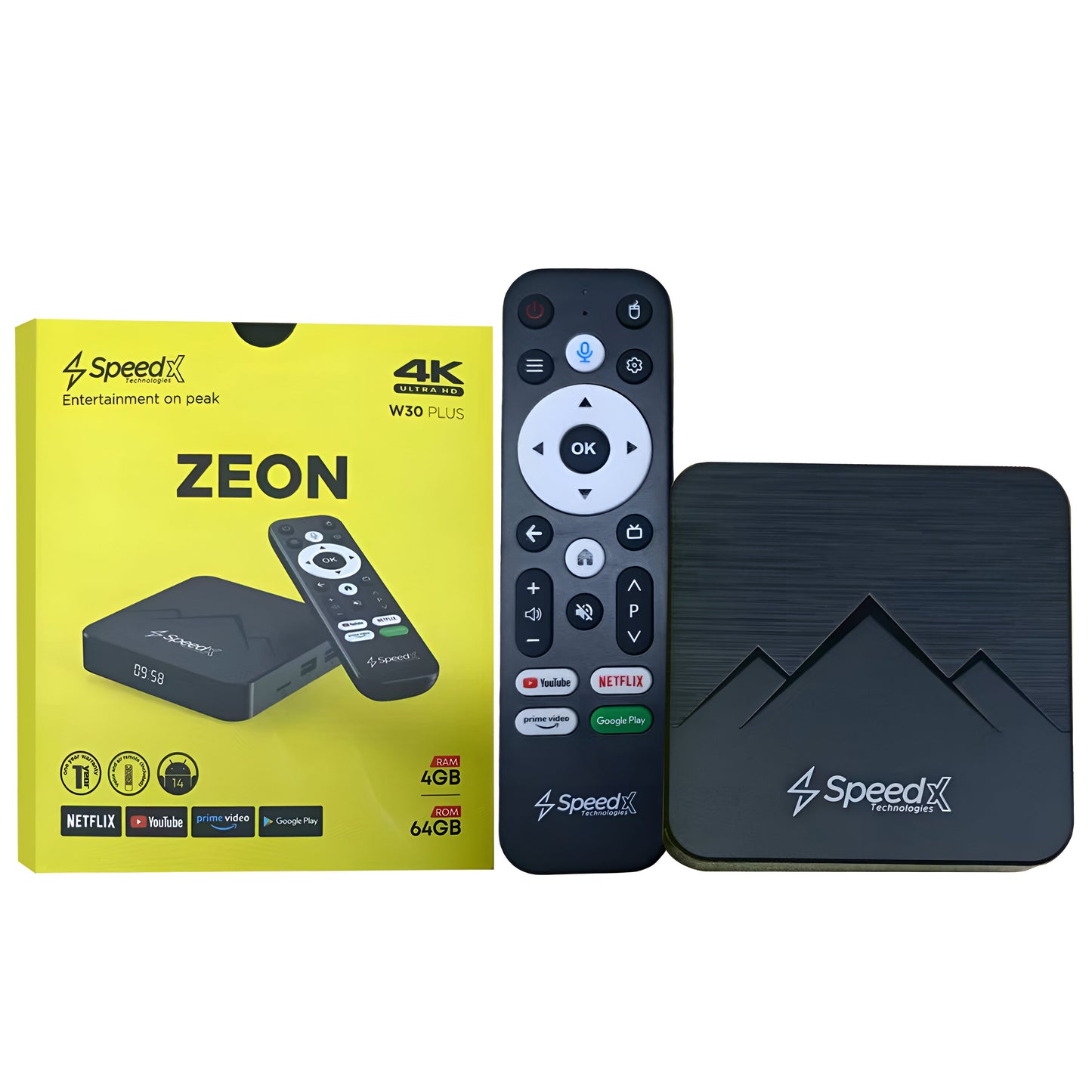 Speed-X W30 Plus Zeon | Quad-Core ARM Cortex A53 Android 14.0v Smart TV Box with Air Mouse & Voice Control (4GB+64GB, Dual Wi-Fi, 4K 60fps)