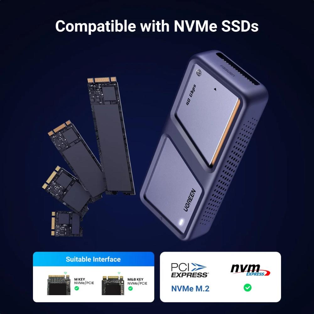 UGREEN 15976 M.2 NVMe SSD Enclosure | USB4 40Gbps | Cooling Fan | ASM2464PD | M.2 2230/2242/2260/2280 | Up to 4TB