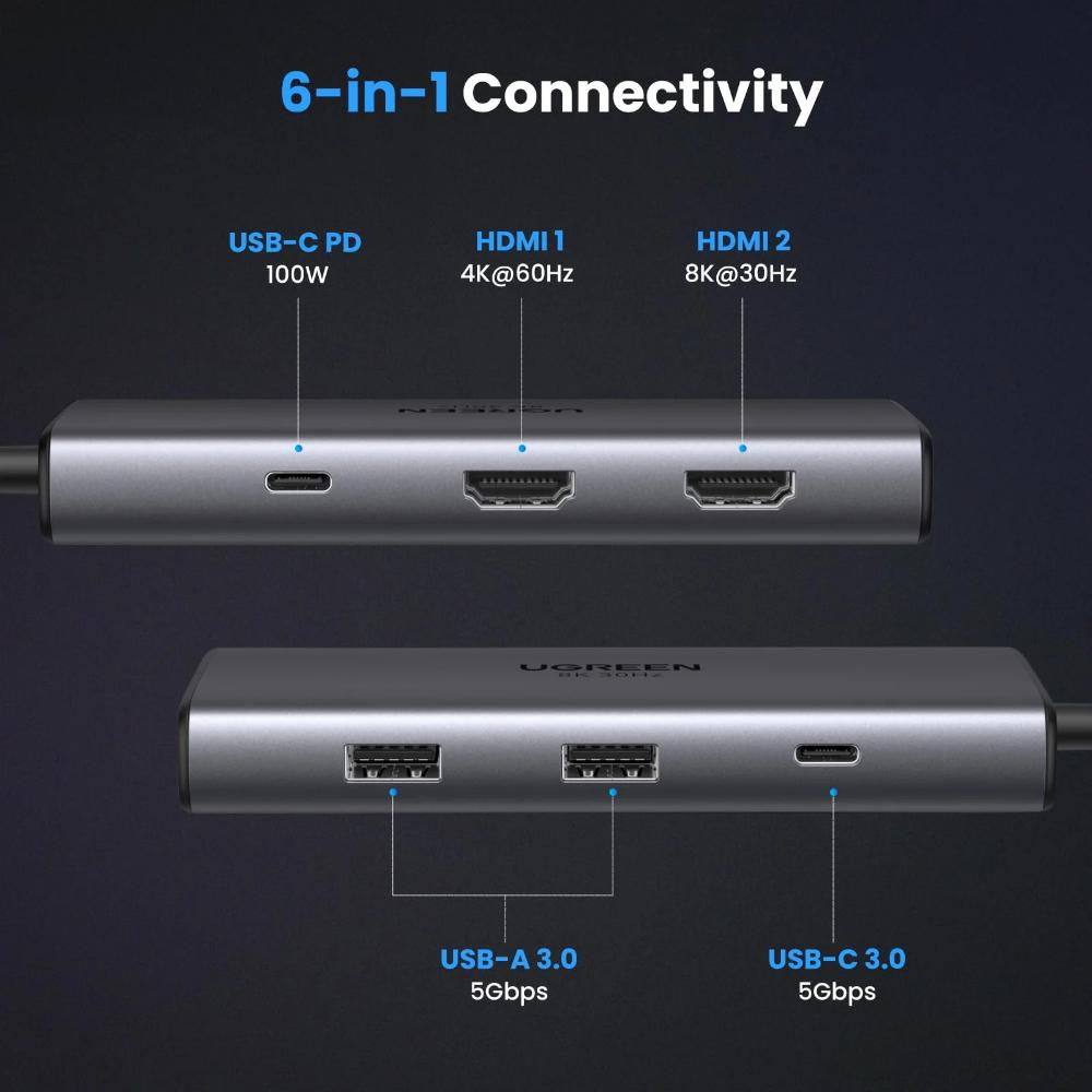 UGREEN CM498 Revodok 206 | 6-in-1 USB-C Hub | Dual HDMI (8K/4K) | USB-A 3.0 | USB-C 3.0 | 100W PD | Model 15852