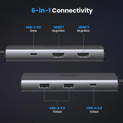 UGREEN CM498 Revodok 206 | 6-in-1 USB-C Hub | Dual HDMI (8K/4K) | USB-A 3.0 | USB-C 3.0 | 100W PD | Model 15852
