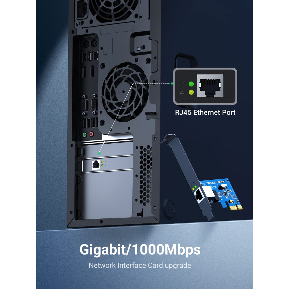 UGREEN 30771 | Gigabit Ethernet PCI Express Network Card | 10/100/1000Mbps | RJ45 LAN | Low Profile Bracket Included | For Desktop PC, Windows/Linux