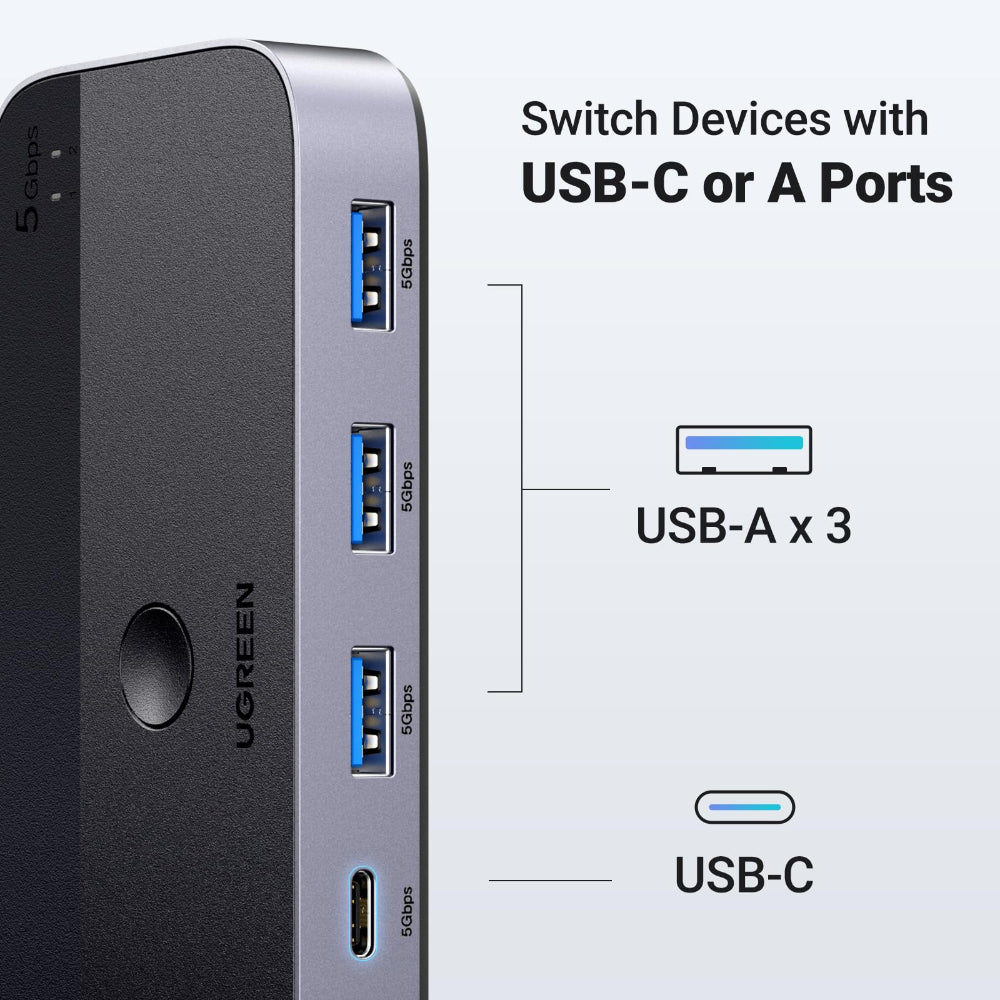 UGREEN 15705 | USB 3.0 Sharing Switch | 2 Computers | USB-C & USB-A Device Support | 5Gbps Transfer | Button Control | LED Indicators | For Keyboard, Mouse, Printer, SSD, Hub