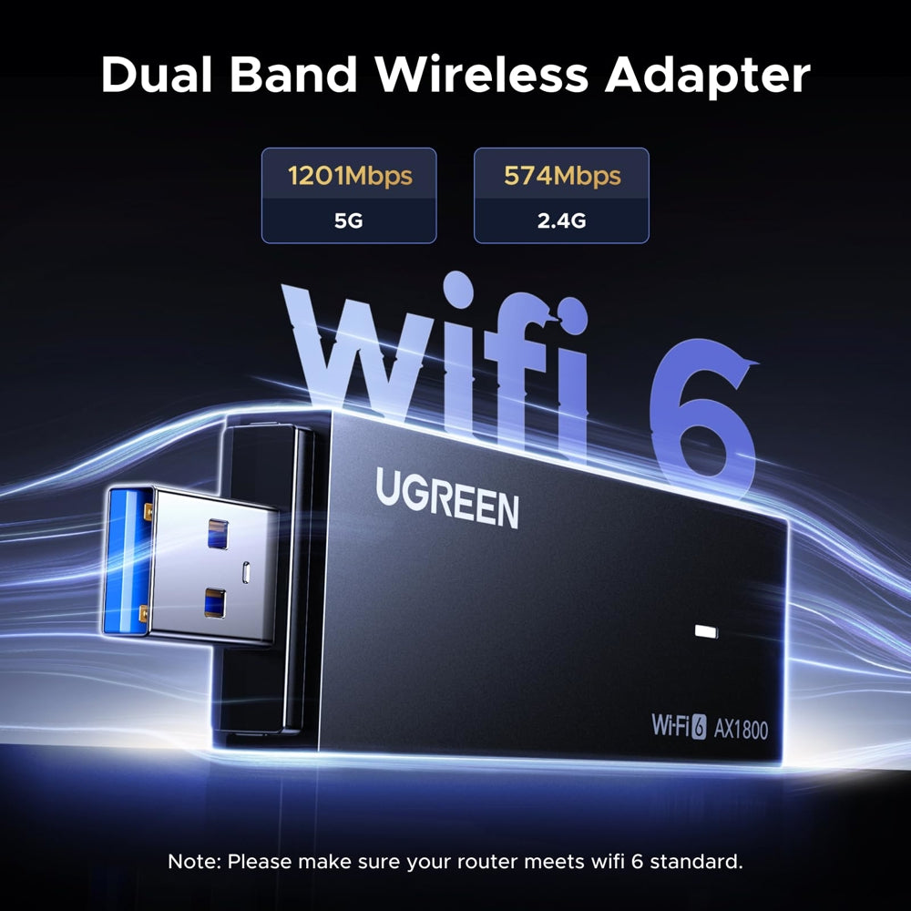 UGREEN 65225 WiFi 6 AX1800 USB Dongle | Dual-Band 2.4GHz/5GHz, USB 3.0, High-Speed Wireless Adapter